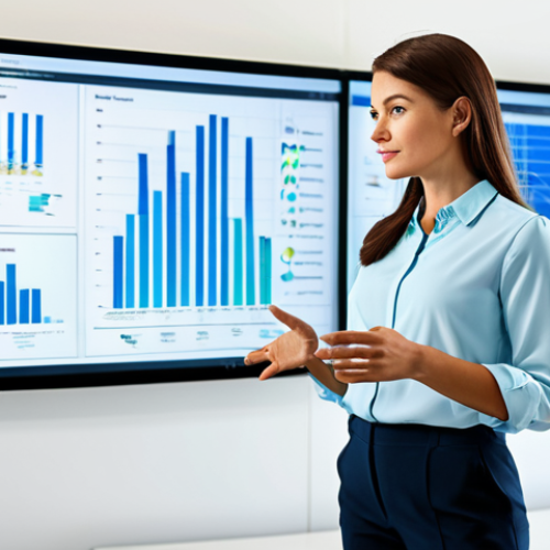Home 15 A professional female data analyst, fully clothed in a modest business blouse and slacks, standing confidently in a modern, brightly lit office environment. She is interacting with a large holographic display showing intricate customer segmentation charts, data visualizations, and email campaign analytics. Her posture is natural, and her hands are well-formed, gesturing towards the screen. The background features subtle office furniture and blurred city lights outside a window, emphasizing a professional, high-tech setting. The scene is safe for work, appropriate content, fully clothed, professional, perfect anatomy, correct proportions, natural pose, natural body proportions, professional photography, high quality.