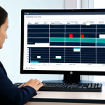 A professional data analyst, fully clothed in a modest business suit, intently examining a large digital screen displaying complex email marketing analytics dashboards, charts, and a calendar with highlighted optimal sending times. The setting is a clean, modern office with soft, ambient lighting. The subject has perfect anatomy, correct proportions, and a natural pose, with well-formed hands properly interacting with a keyboard. The image conveys precision and strategic planning. safe for work, appropriate content, family-friendly, professional dress, high quality, studio lighting.
