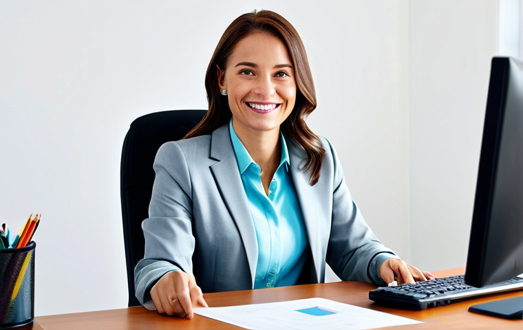 **
A professional businesswoman in a modest business suit, sitting at a desk in a modern office. She is smiling confidently. Fully clothed, appropriate attire, safe for work. Perfect anatomy, correct proportions, natural pose. Professional photography, high quality. Family-friendly.
**