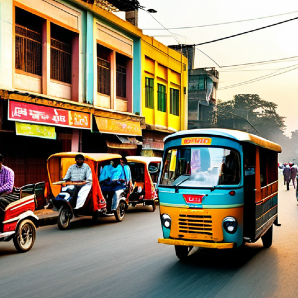 **A bustling Dhaka street scene at sunset:** "Rickshaws, colorful buildings, street vendors, golden hour lighting, candid photography, realistic style, safe for work, appropriate content, fully clothed, professional."