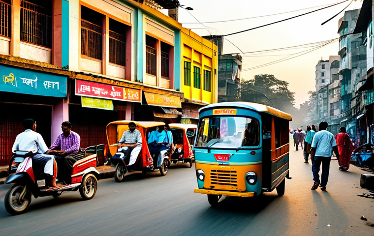 **A bustling Dhaka street scene at sunset:** "Rickshaws, colorful buildings, street vendors, golden hour lighting, candid photography, realistic style, safe for work, appropriate content, fully clothed, professional."