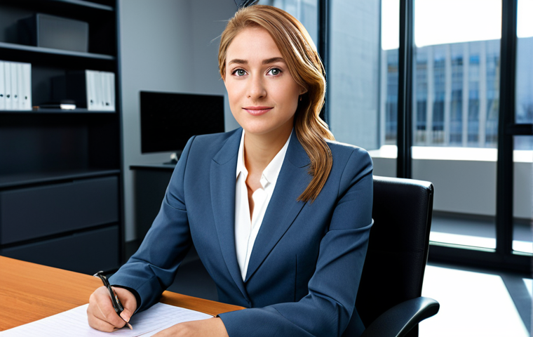 이메일 자동화의 미래와 최신 트렌드 - **Prompt:** A professional businesswoman in a modest business suit, sitting at a desk in a modern of...