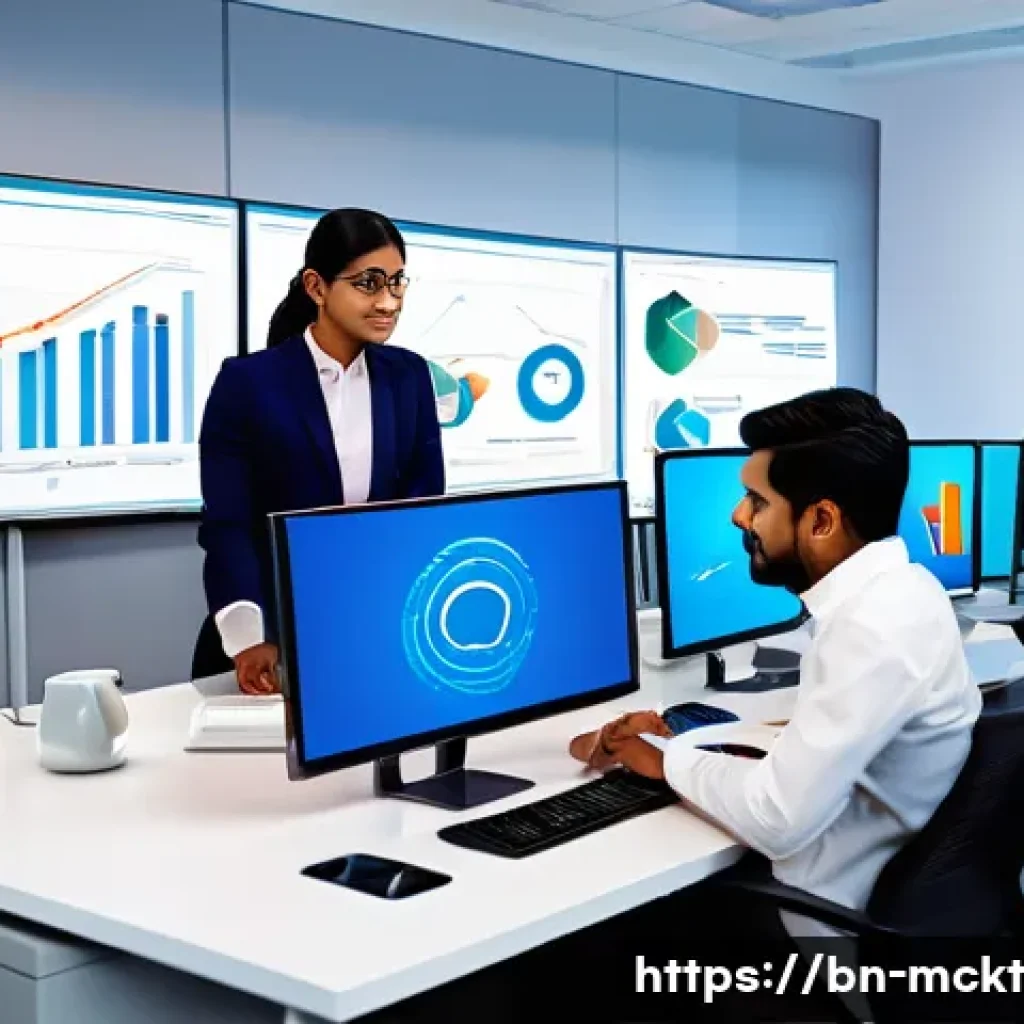 이메일 마케팅 자동화에서의 성과 개선 사례 - A professional office environment with a South Asian marketing team analyzing data on multiple compu...