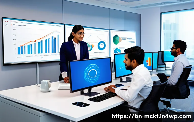 이메일 마케팅 자동화에서의 성과 개선 사례 - A professional office environment with a South Asian marketing team analyzing data on multiple compu...