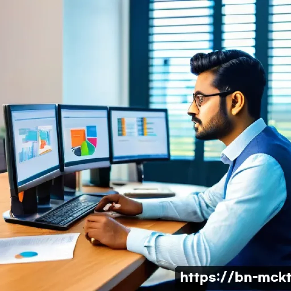 고객 세분화를 통한 이메일 자동화 전략 - A detailed professional workspace scene showing a Bengali business analyst sitting at a modern desk ...