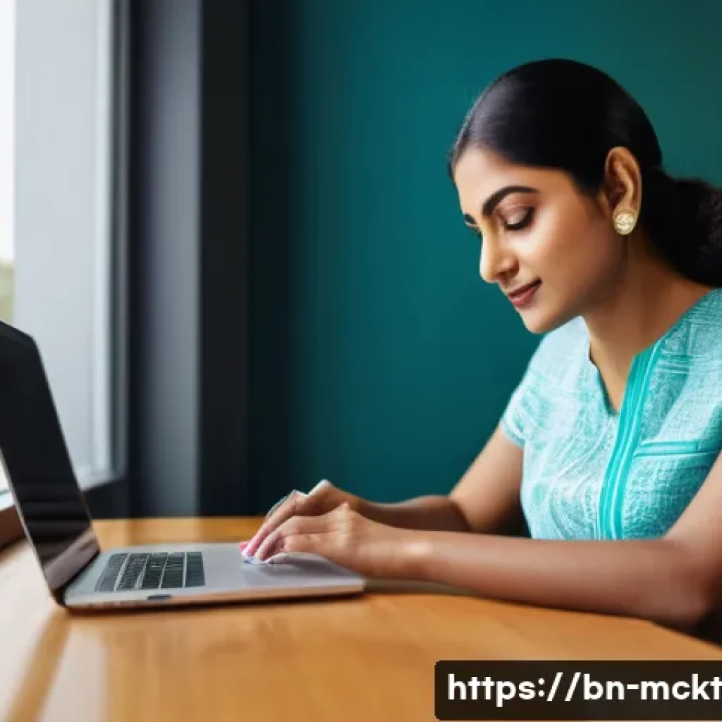 마케팅 자동화를 위한 이메일 템플릿 활용법 - A professional office scene showing a Bengali businesswoman sitting at a modern desk with a laptop o...