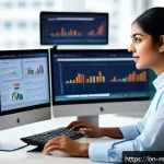 이메일 마케팅 자동화 성과 분석 방법 - A detailed professional workspace showing a Bengali email marketing analyst at a modern desk, multip...