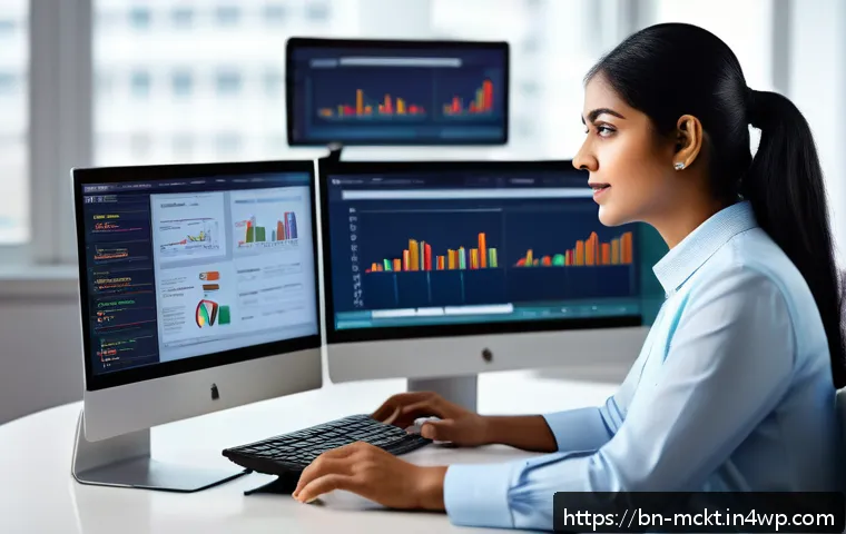 이메일 마케팅 자동화 성과 분석 방법 - A detailed professional workspace showing a Bengali email marketing analyst at a modern desk, multip...