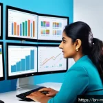 이메일 마케팅 자동화의 글로벌 성공 사례 - A professional Bengali businesswoman sitting at a modern office desk, analyzing customer behavior ch...