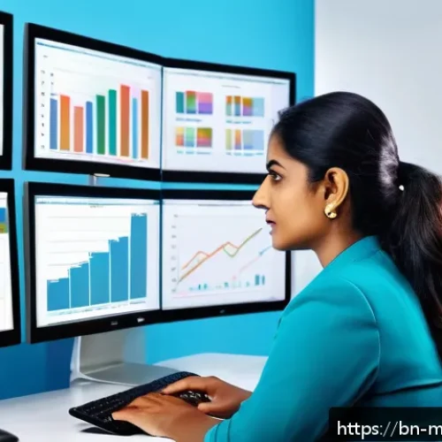 이메일 마케팅 자동화의 글로벌 성공 사례 - A professional Bengali businesswoman sitting at a modern office desk, analyzing customer behavior ch...